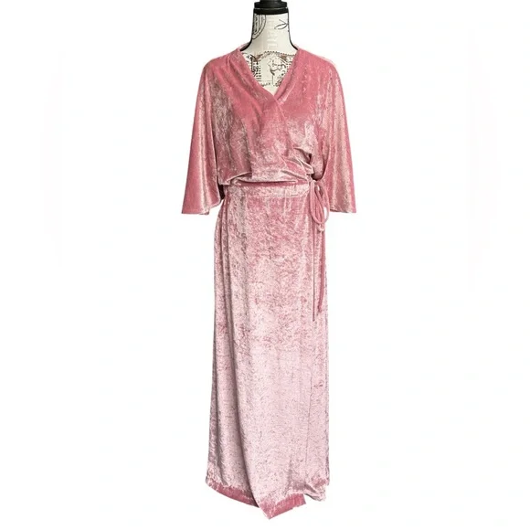 Niki-Lu 80s Vintage Women’s Crushed Pink Velvet Wrap-Around Robe Size Small - Picture 1 of 11